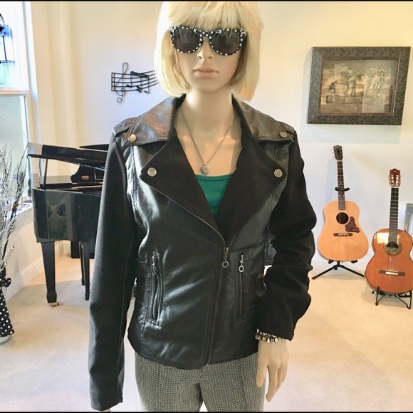 Faux Leather Biker Jacket w/Felted Wool Trim - Picture 1 of 7